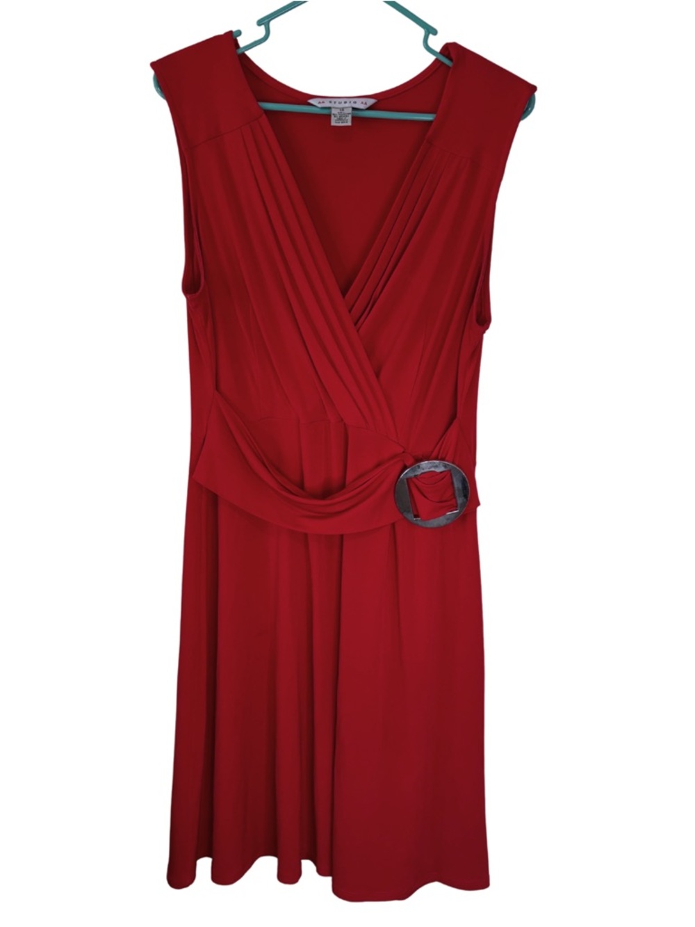 Aa Studio Sleeveless Red Surplice Dress with Buckle Detail